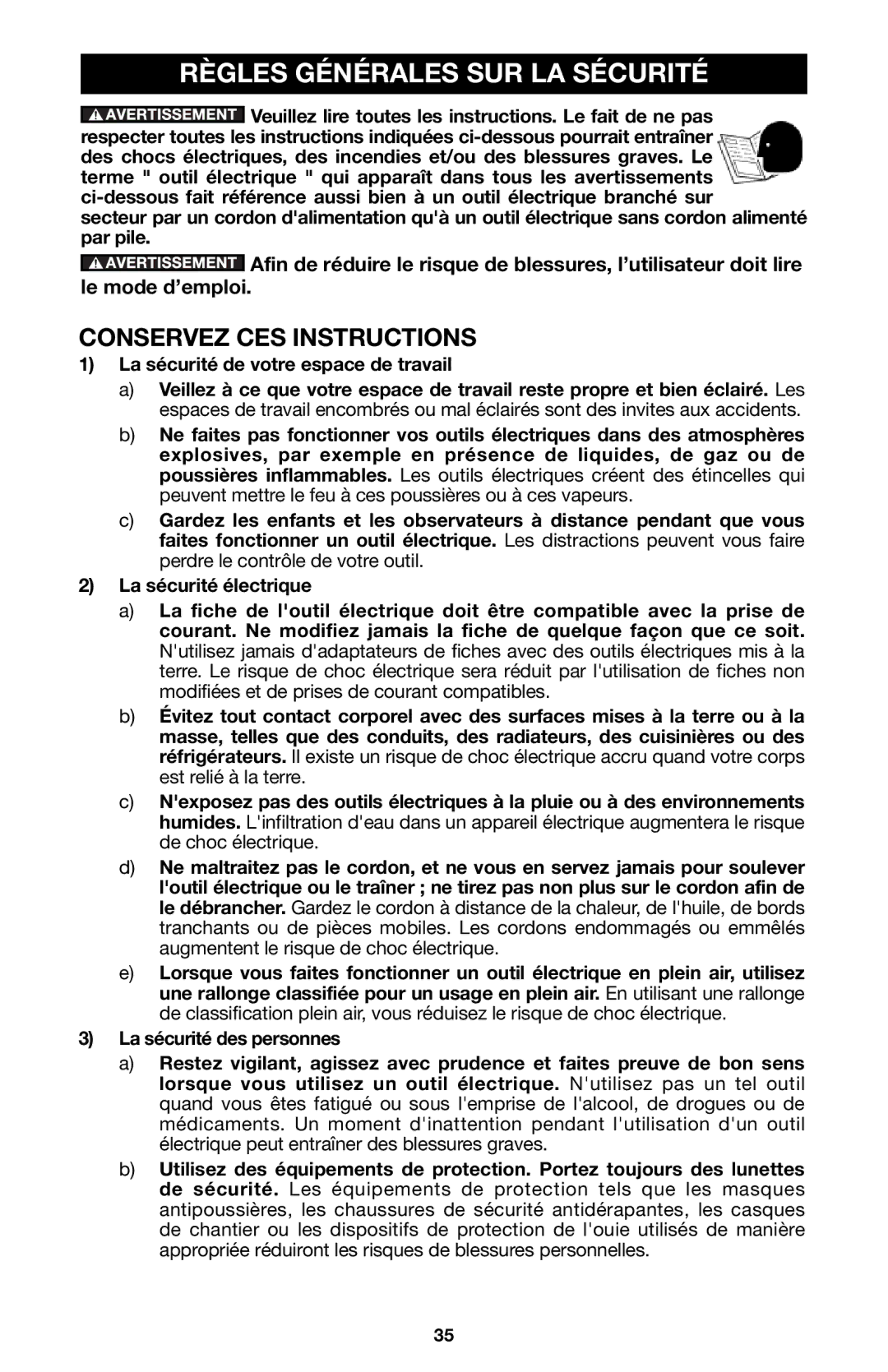 Porter-Cable 837, 8823 instruction manual Règles Générales SUR LA Sécurité, Conservez CES Instructions 