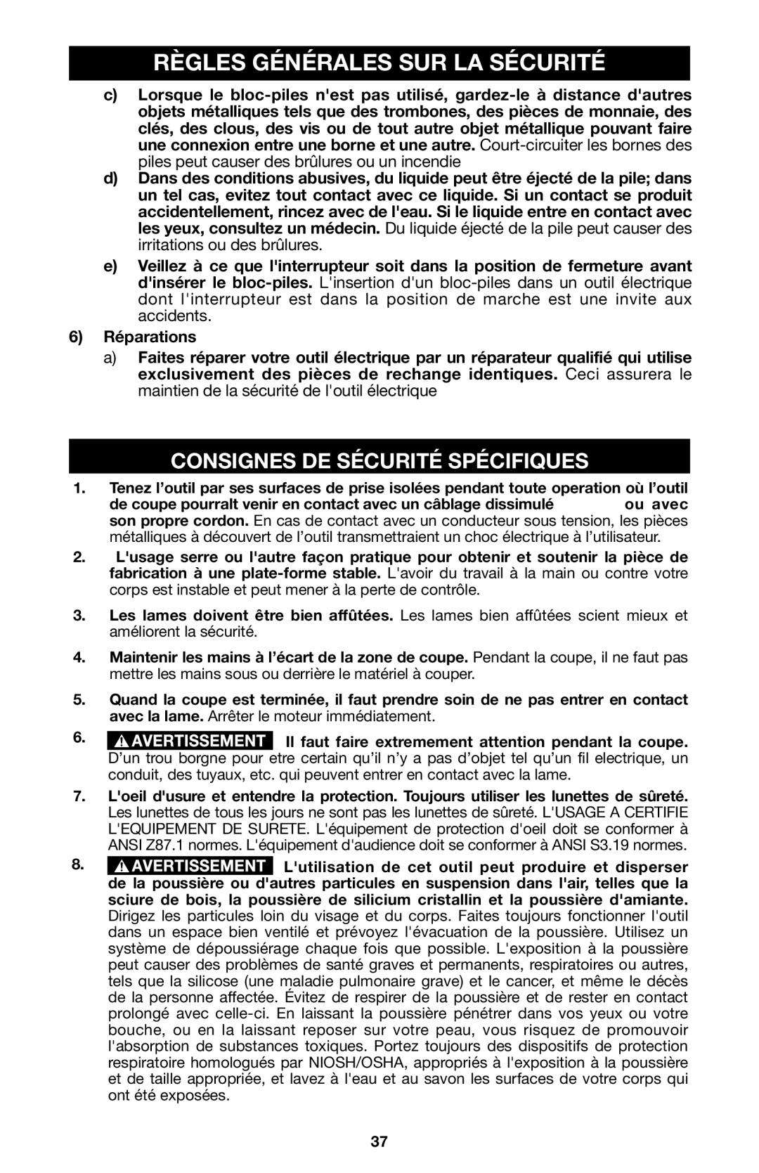 Porter-Cable 837, 8823 instruction manual Consignes DE Sécurité Spécifiques 