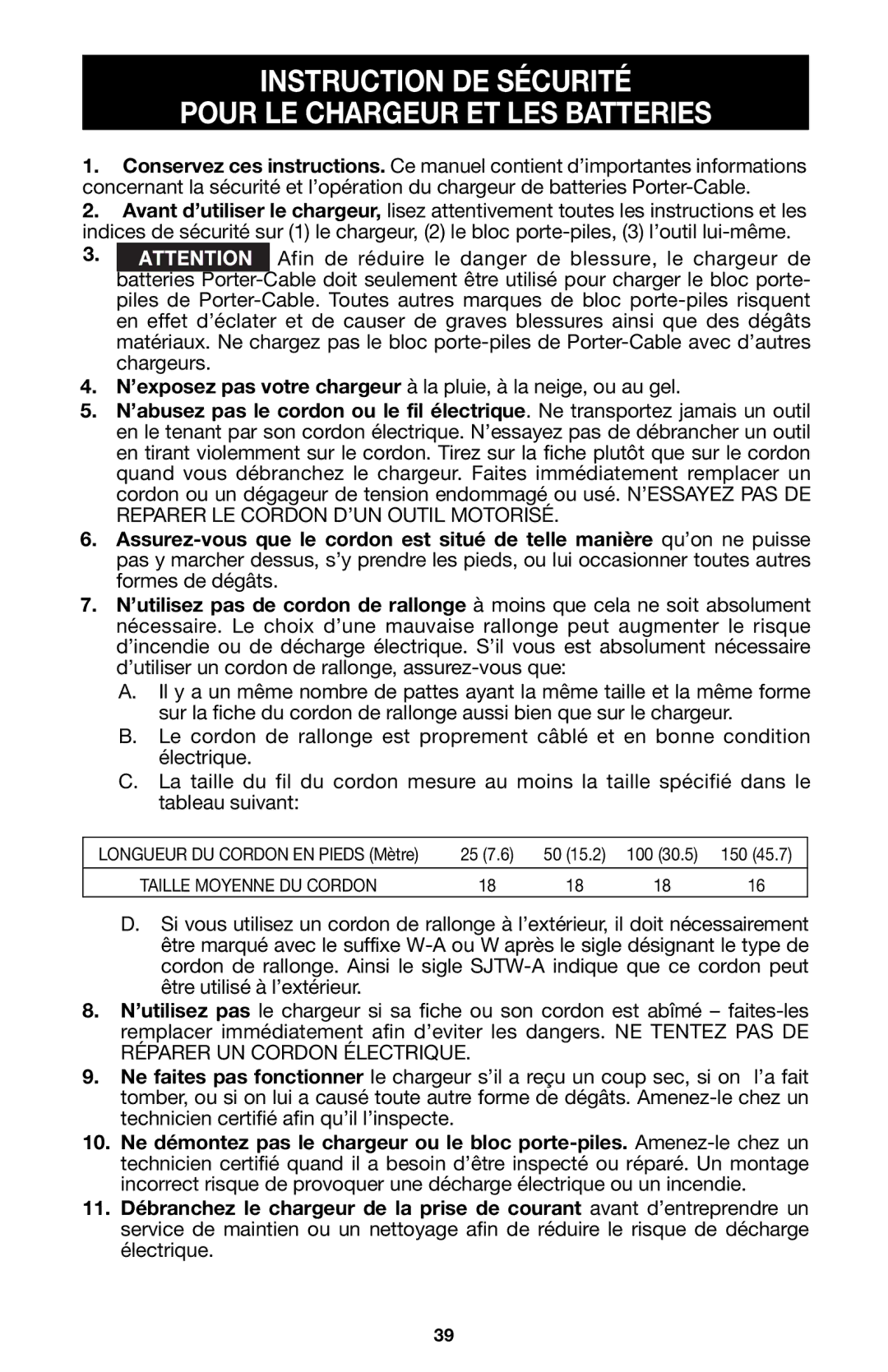 Porter-Cable 837, 8823 instruction manual Instruction DE Sécurité Pour LE Chargeur ET LES Batteries 