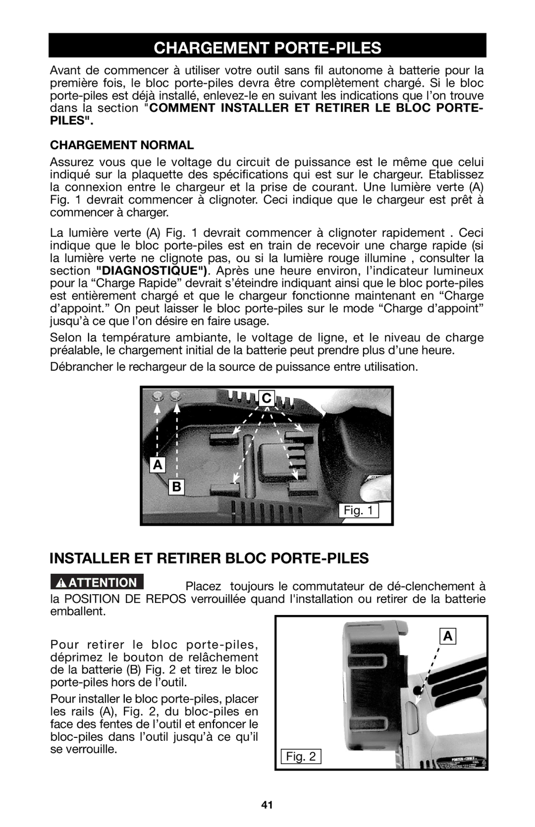 Porter-Cable 837, 8823 instruction manual Chargement PORTE-PILES, Installer ET Retirer Bloc PORTE-PILES 