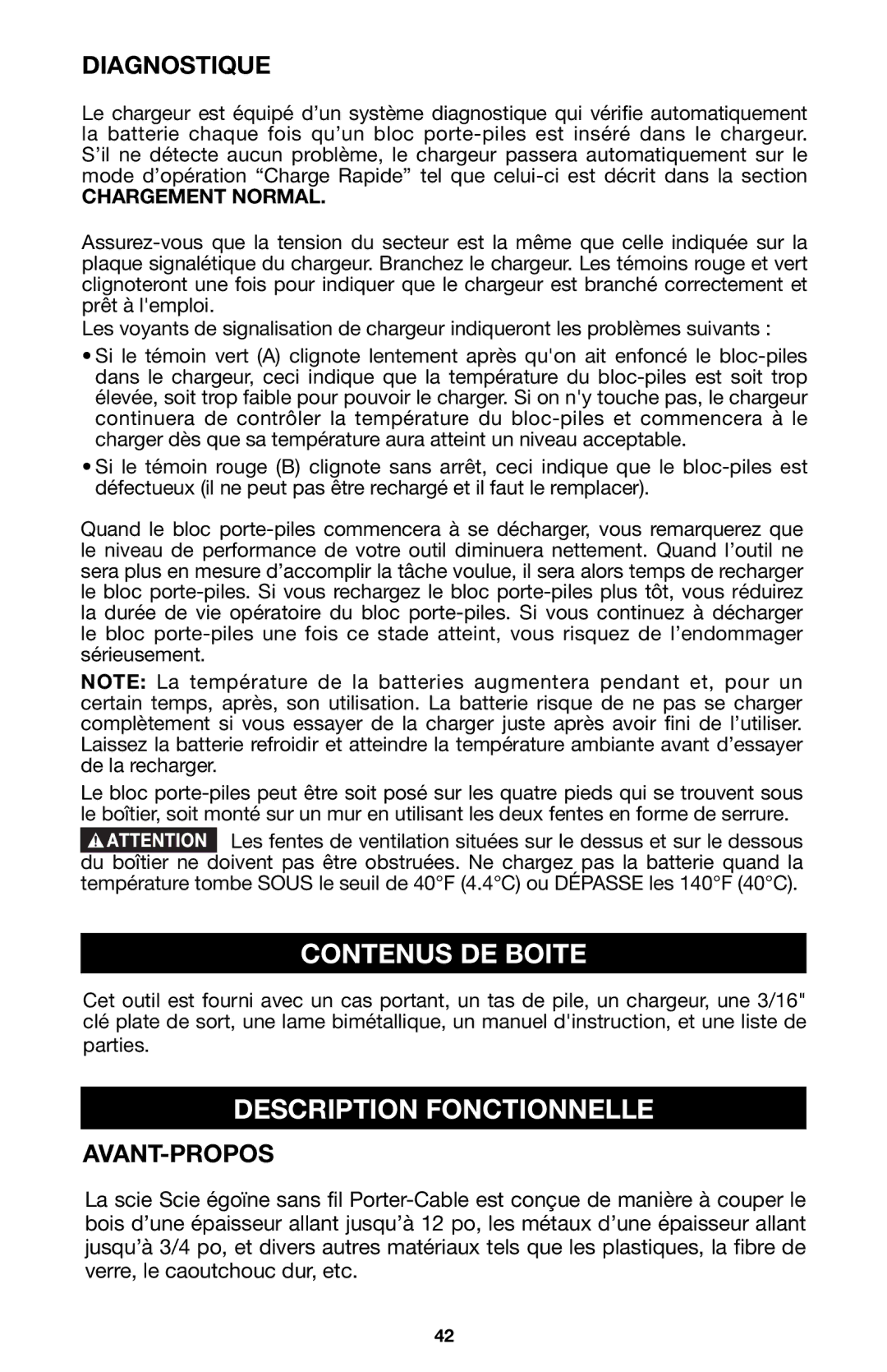 Porter-Cable 8823, 837 instruction manual Contenus DE Boite, Description Fonctionnelle, Diagnostique, Avant-Propos 