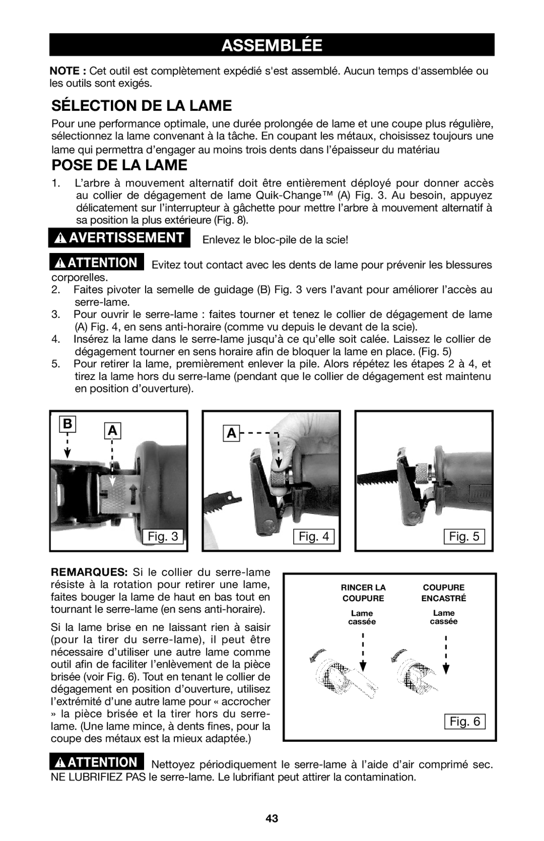 Porter-Cable 837, 8823 instruction manual Assemblée, Sélection DE LA Lame, Pose DE LA Lame 