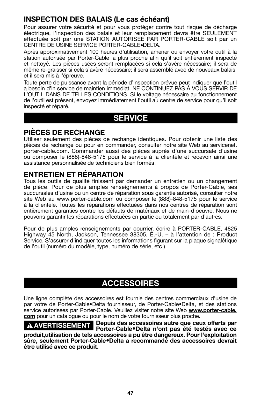 Porter-Cable 837, 8823 instruction manual Accessoires, Pièces DE Rechange, Entretien ET Réparation 