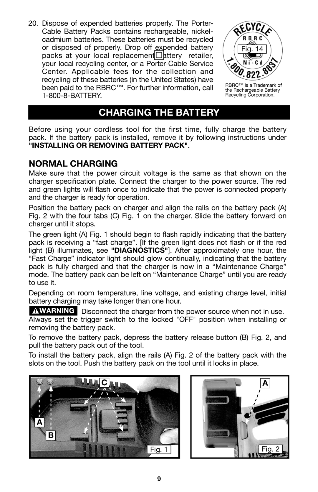 Porter-Cable 837, 8823 instruction manual Charging the Battery, Normal Charging 