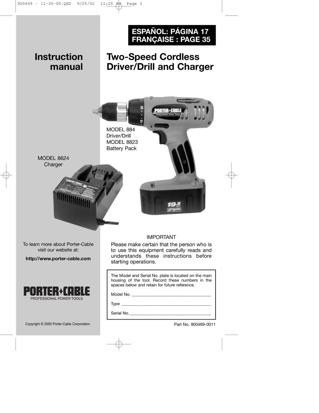 Porter-Cable 884, 8823, 8624 instruction manual Two-Speed Cordless 