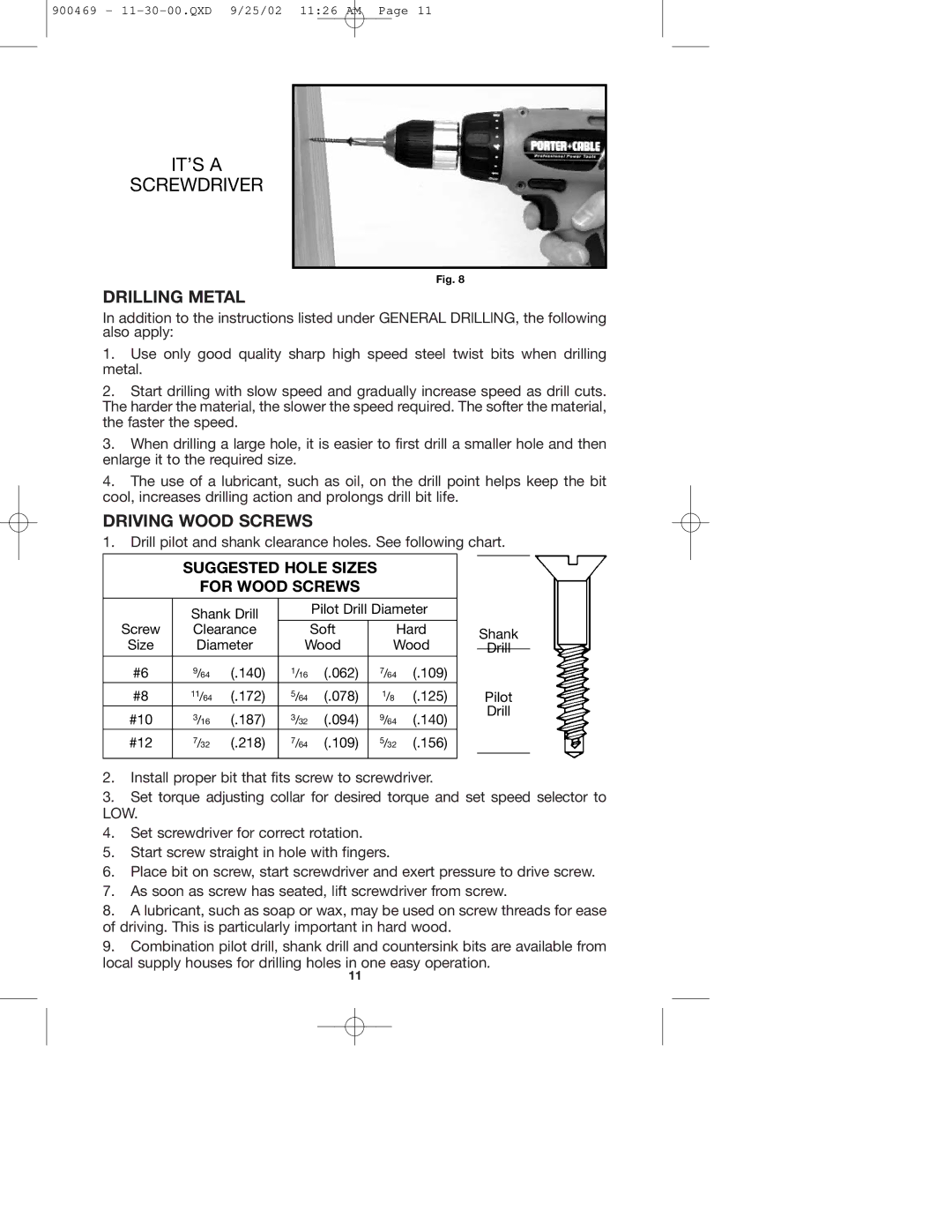 Porter-Cable 8624, 8823, 884 instruction manual Drilling Metal, Driving Wood Screws 