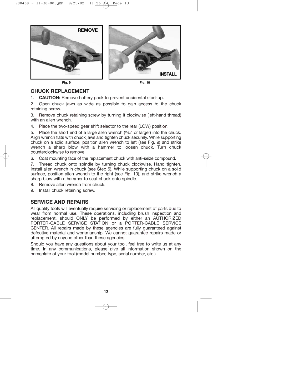 Porter-Cable 884, 8823, 8624 instruction manual Chuck Replacement, Service and Repairs 