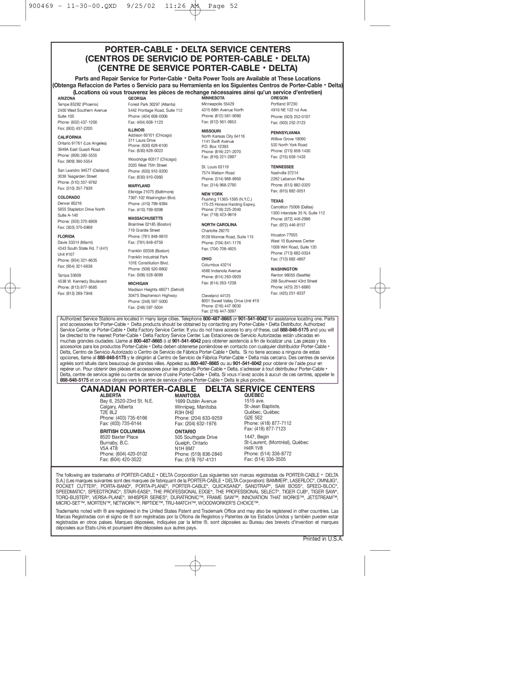 Porter-Cable 8624, 8823, 884 instruction manual Canadian PORTER-CABLE Delta Service Centers 