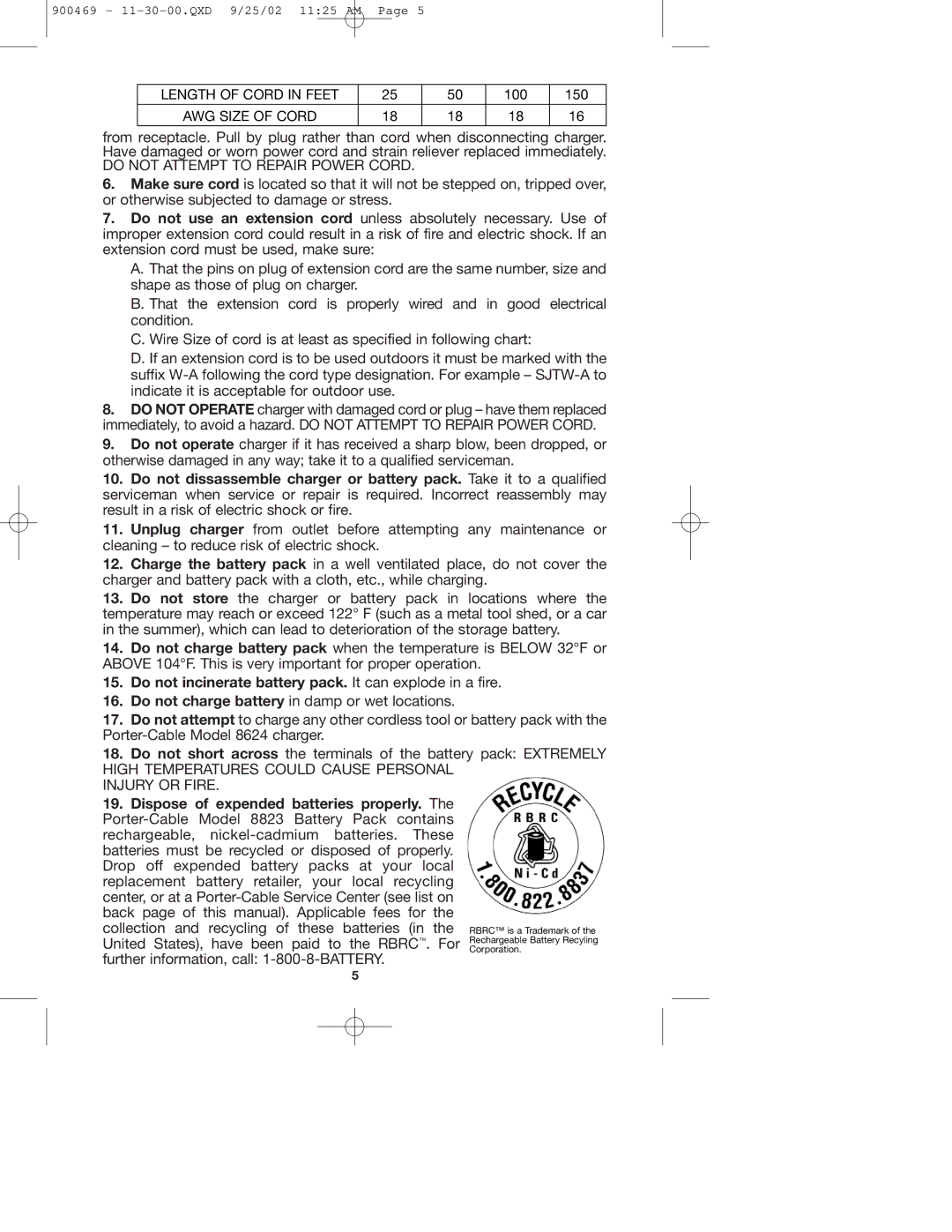 Porter-Cable 8624, 8823, 884 instruction manual Do not incinerate battery pack. It can explode in a fire 