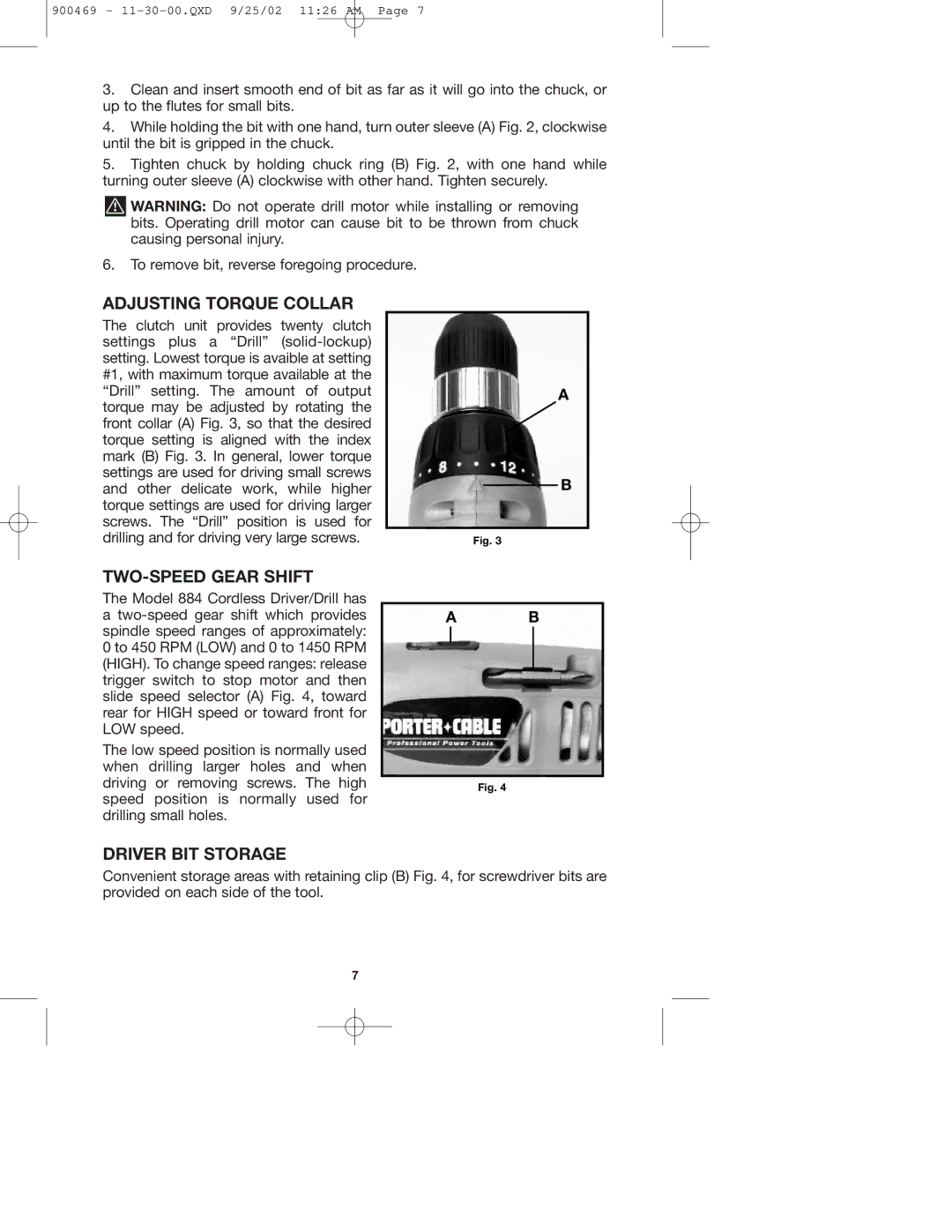 Porter-Cable 884, 8823, 8624 instruction manual Adjusting Torque Collar, TWO-SPEED Gear Shift, Driver BIT Storage 