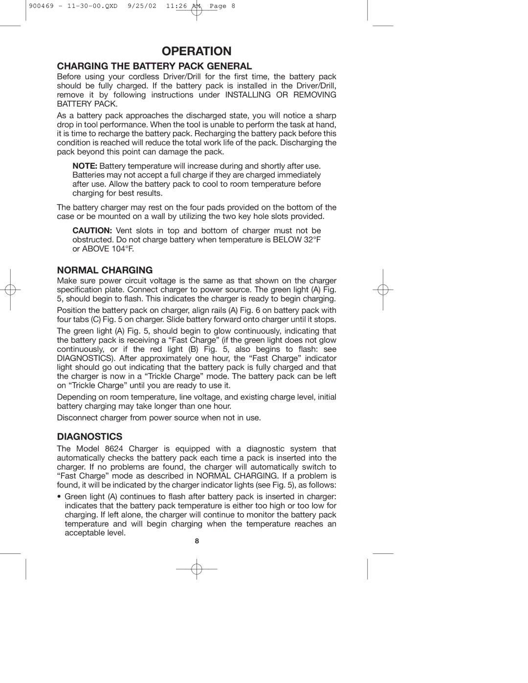 Porter-Cable 8624, 8823, 884 instruction manual Operation, Charging the Battery Pack General, Normal Charging, Diagnostics 