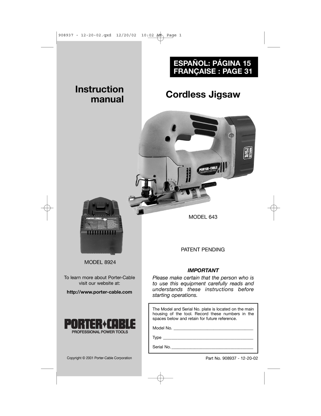 Porter-Cable 643, 8924 instruction manual Manual, Model 