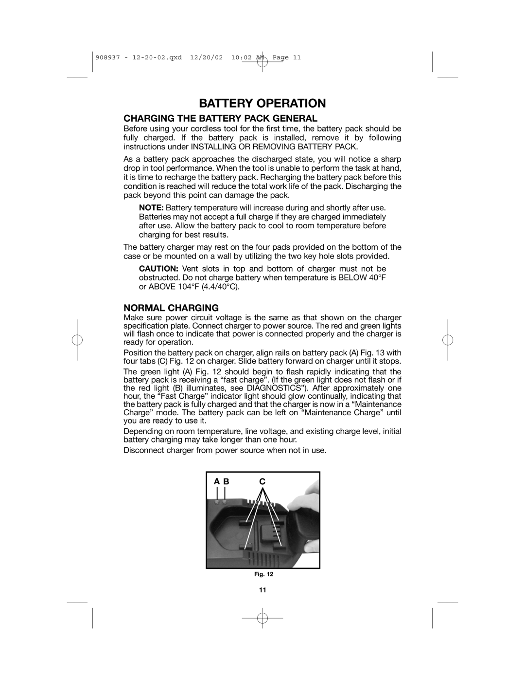 Porter-Cable 643, 8924 instruction manual Battery Operation, Charging the Battery Pack General, Normal Charging 