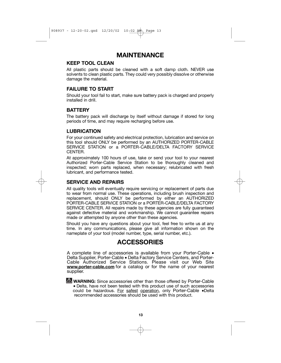 Porter-Cable 643, 8924 instruction manual Maintenance, Accessories 