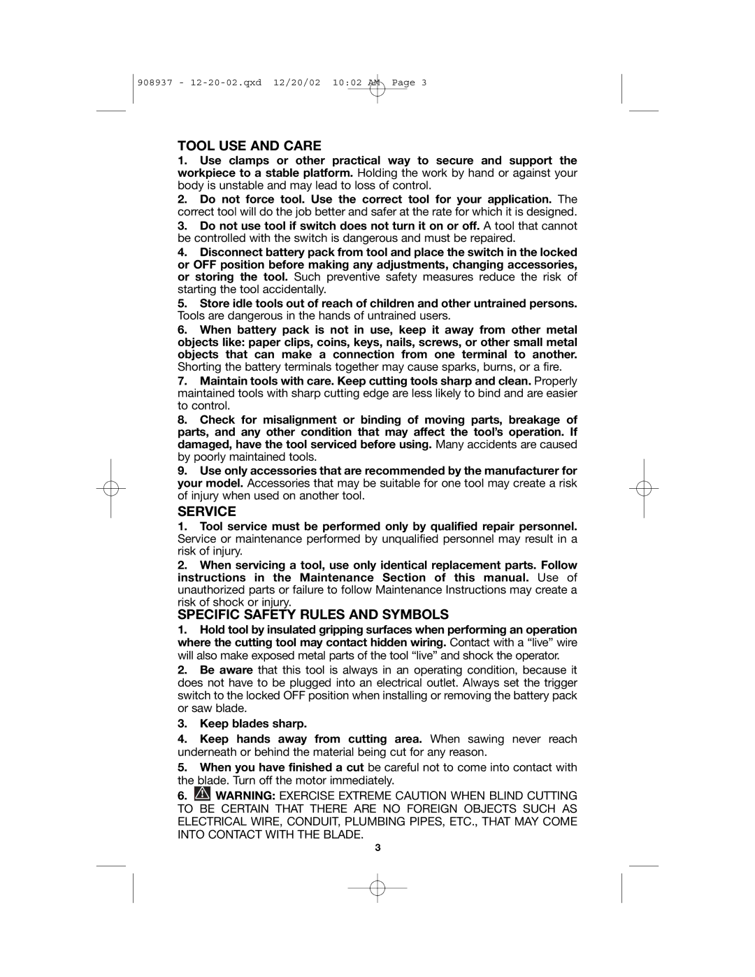 Porter-Cable 643, 8924 instruction manual Tool USE and Care, Service, Specific Safety Rules and Symbols 