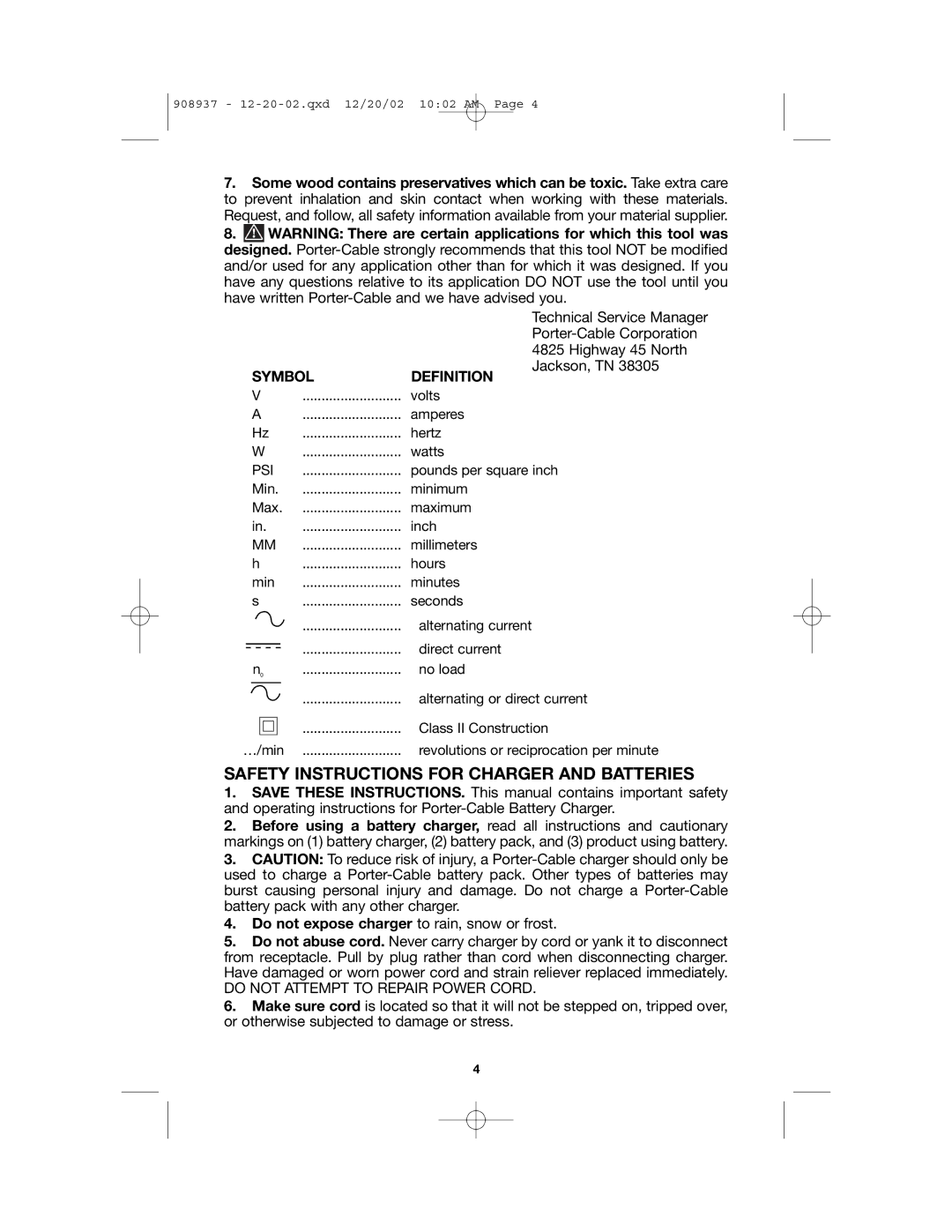 Porter-Cable 8924 Safety Instructions for Charger and Batteries, Porter-Cable Corporation, Highway 45 North, Jackson, TN 