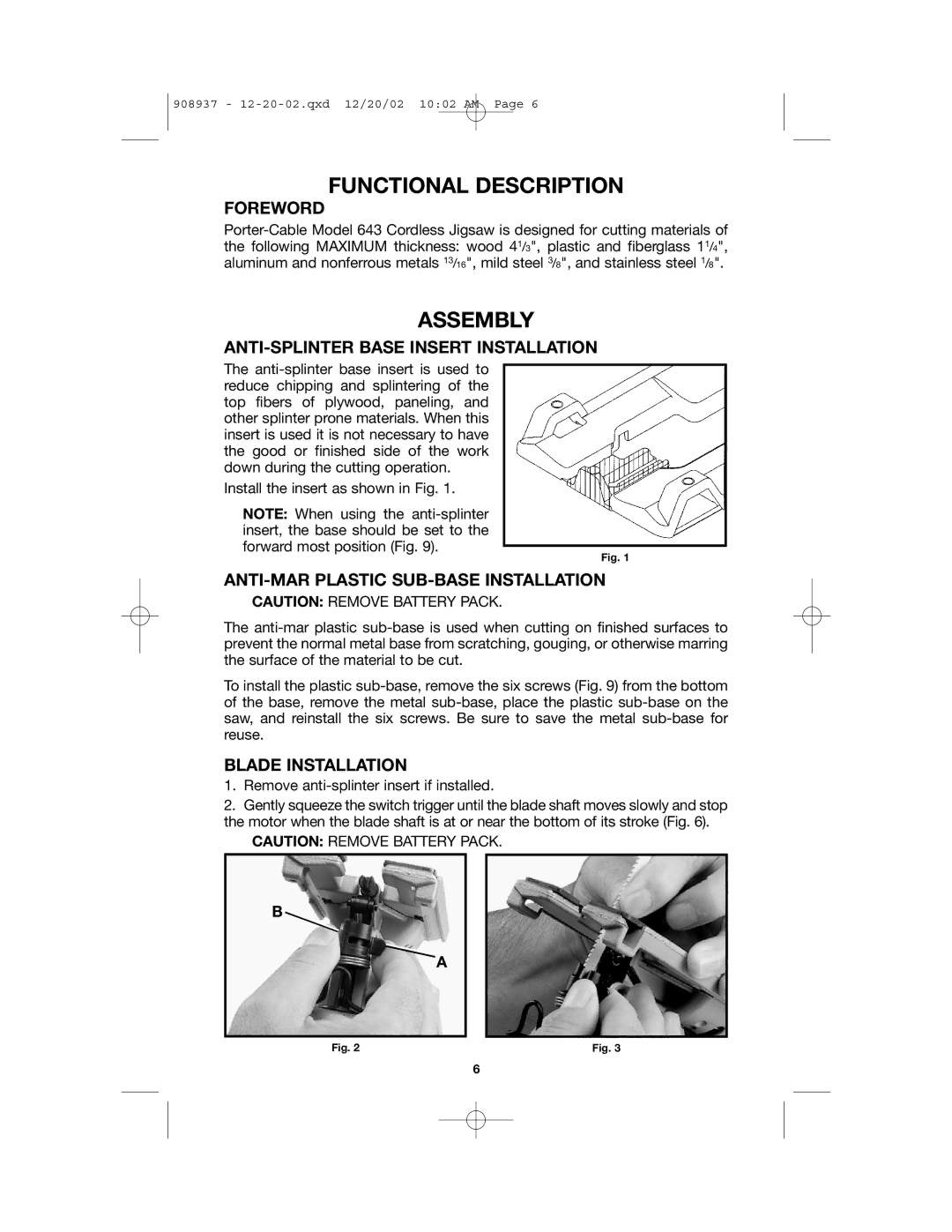 Porter-Cable 8924, 643 instruction manual Functional Description, Assembly 