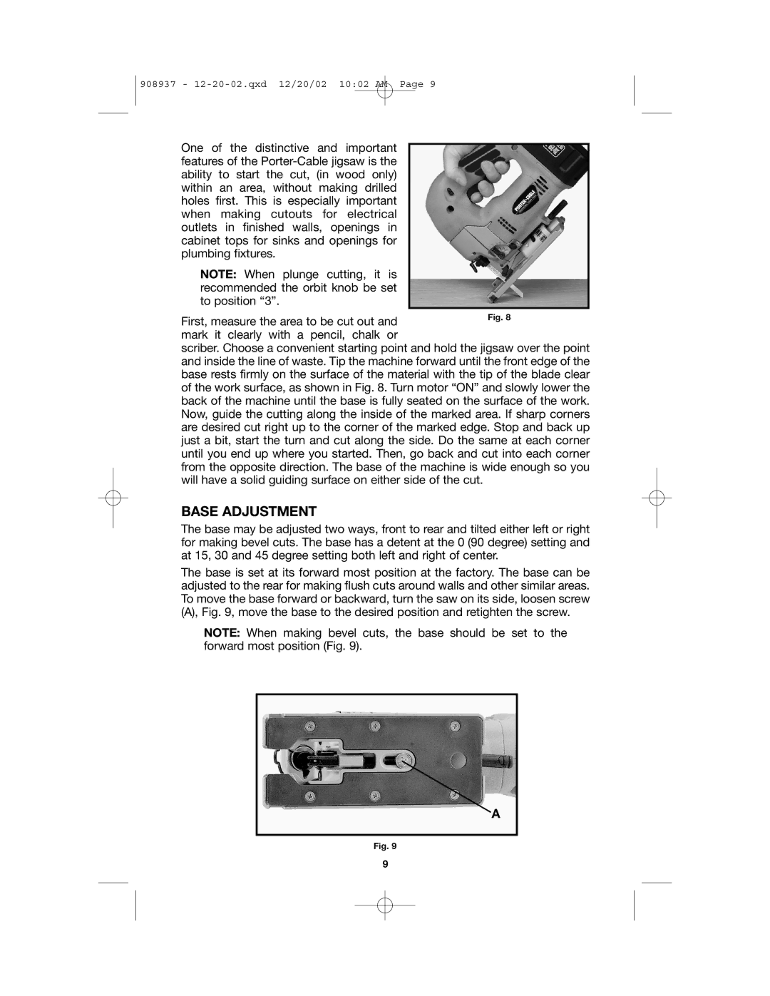 Porter-Cable 643, 8924 instruction manual Base Adjustment 