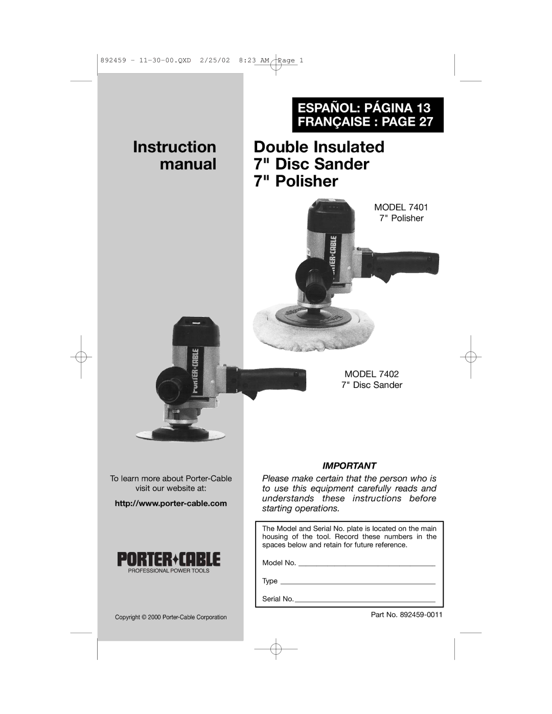 Porter-Cable 7401, 892459-0011 instruction manual Double Insulated Disc Sander Polisher 