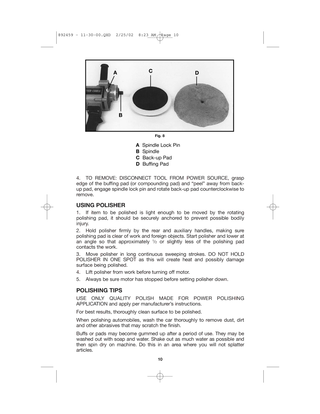 Porter-Cable 892459-0011, 7401 instruction manual Using Polisher, Polishing Tips 