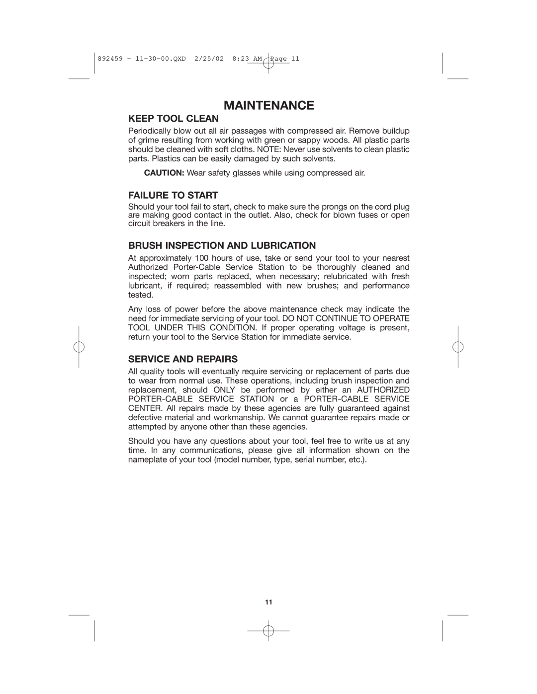 Porter-Cable 7401 Maintenance, Keep Tool Clean, Failure to Start, Brush Inspection and Lubrication, Service and Repairs 