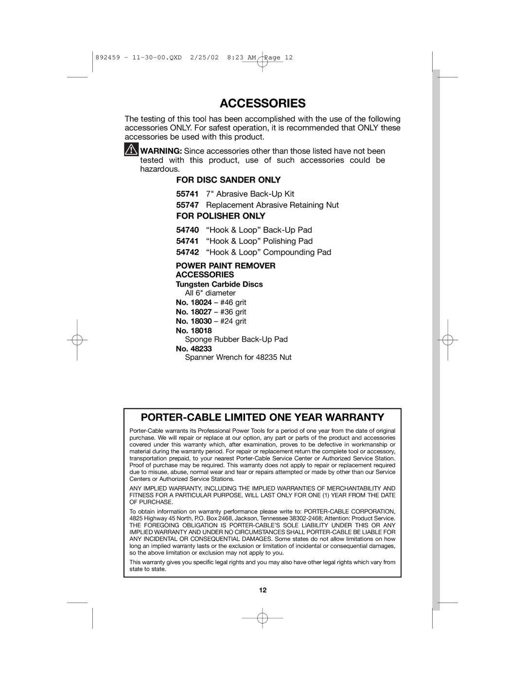 Porter-Cable 892459-0011, 7401 instruction manual Accessories 