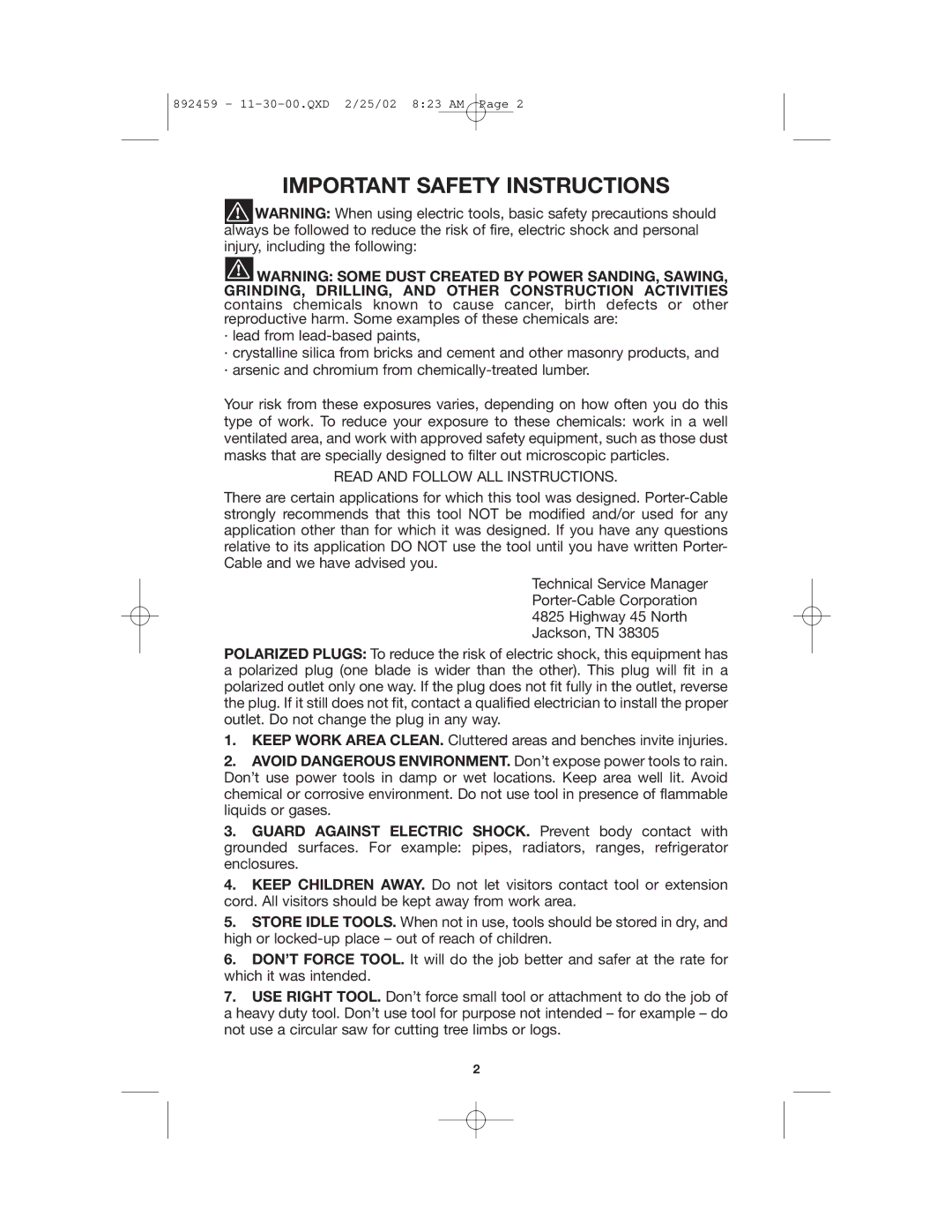 Porter-Cable 892459-0011, 7401 instruction manual Important Safety Instructions, Read and Follow ALL Instructions 