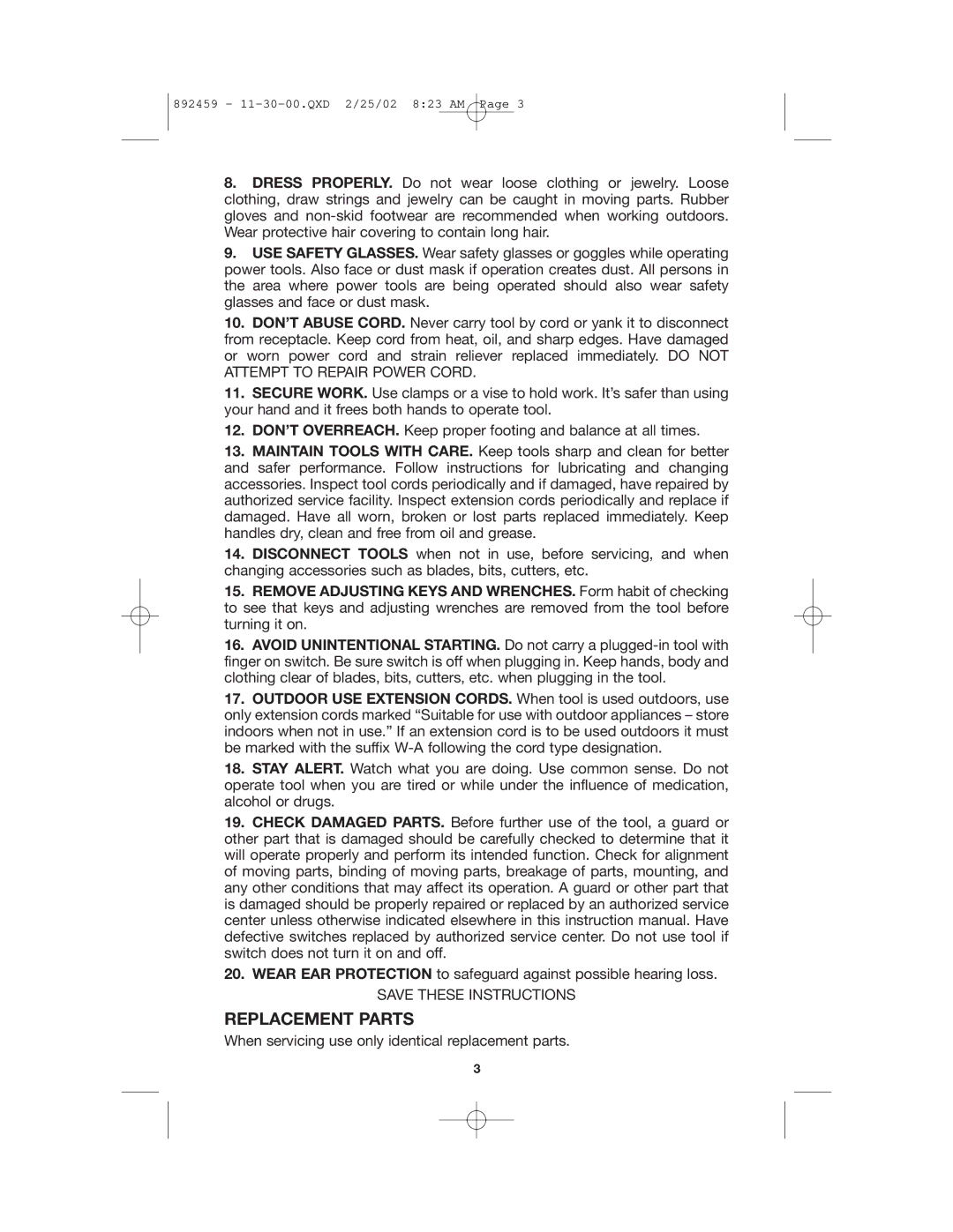 Porter-Cable 7401, 892459-0011 instruction manual Replacement Parts 