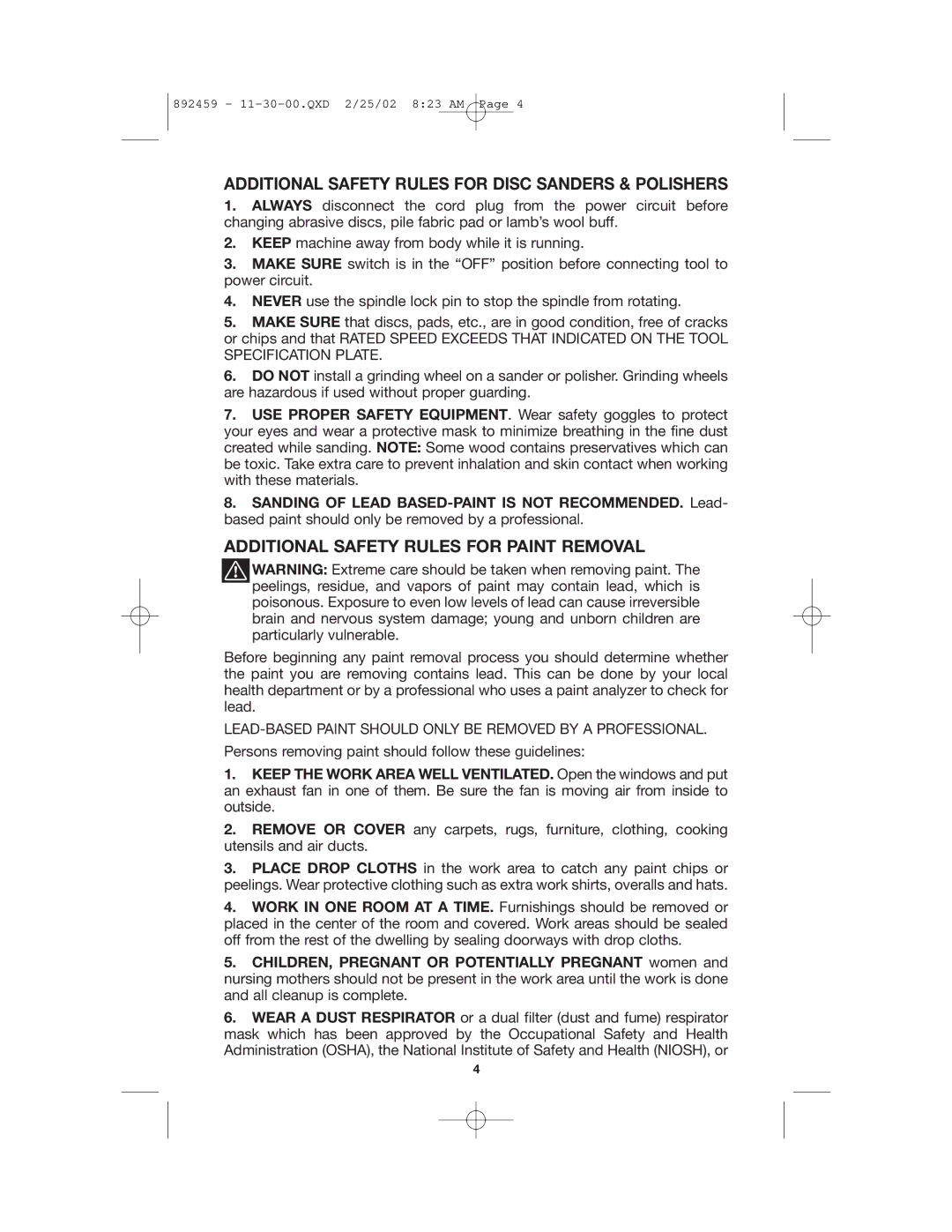 Porter-Cable 892459-0011 Additional Safety Rules for Disc Sanders & Polishers, Additional Safety Rules for Paint Removal 