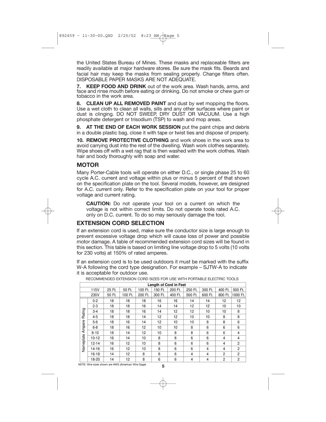 Porter-Cable 7401, 892459-0011 instruction manual Motor, Extension Cord Selection 