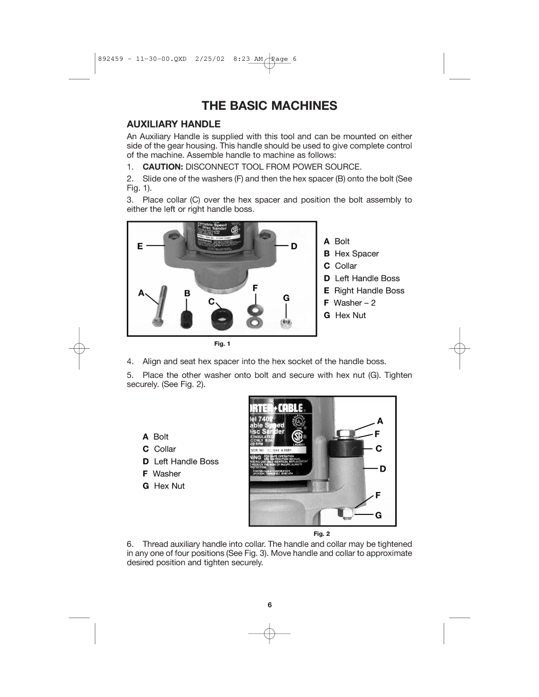 Porter-Cable 892459-0011, 7401 instruction manual Basic Machines, Auxiliary Handle 