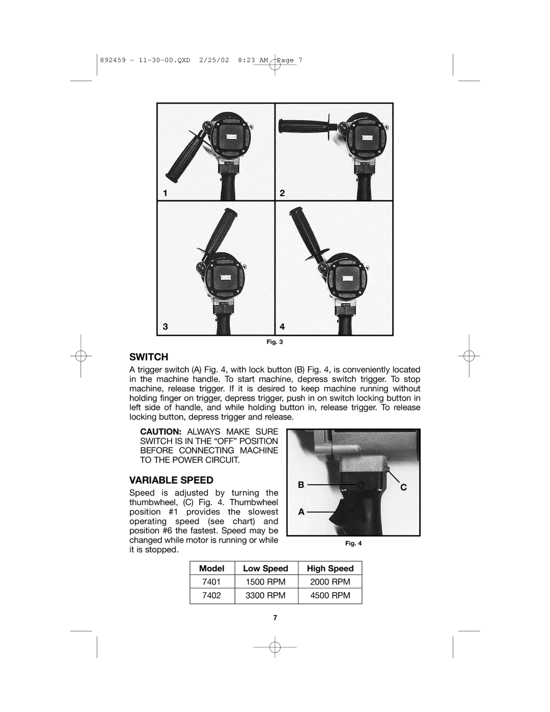 Porter-Cable 7401, 892459-0011 instruction manual Switch 