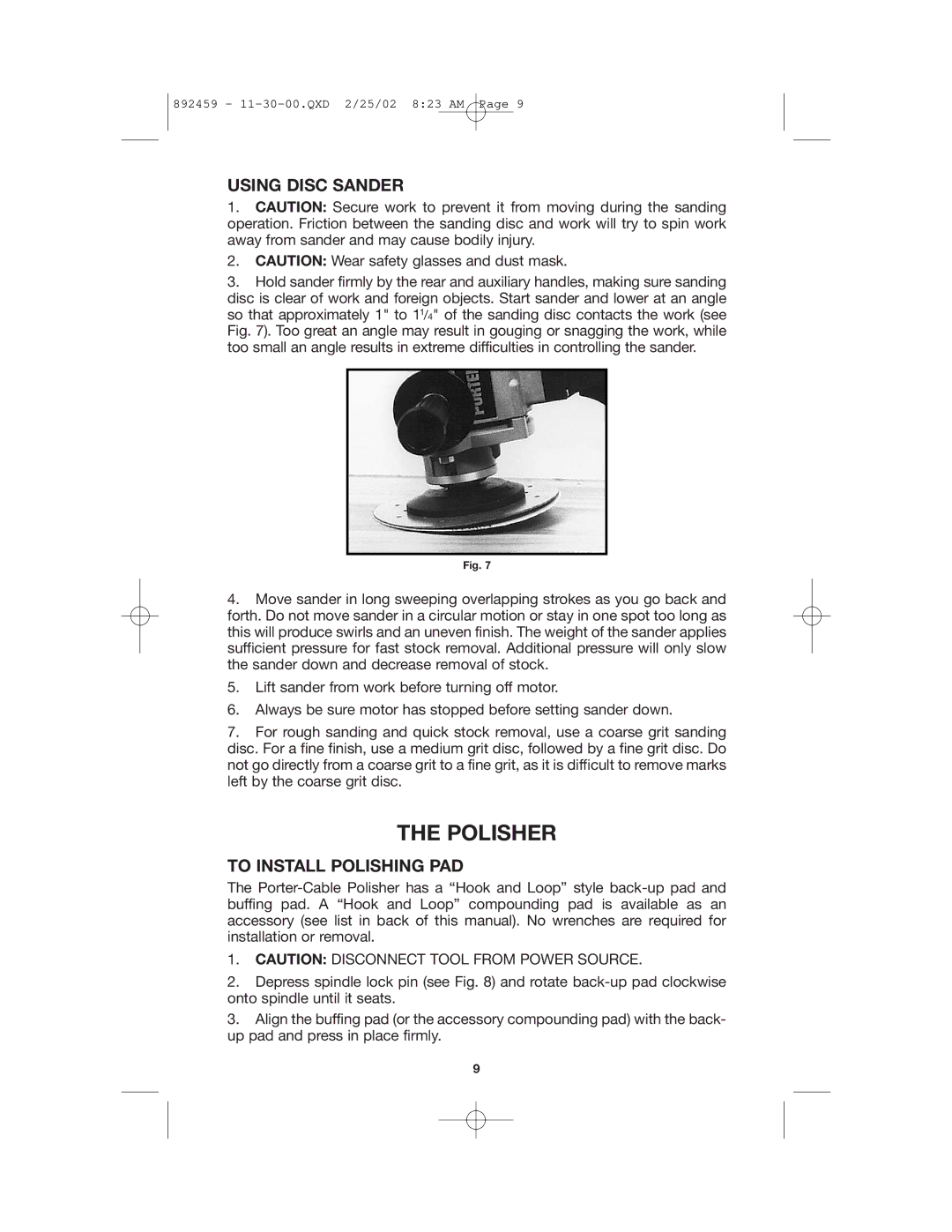 Porter-Cable 7401, 892459-0011 instruction manual Polisher, Using Disc Sander, To Install Polishing PAD 