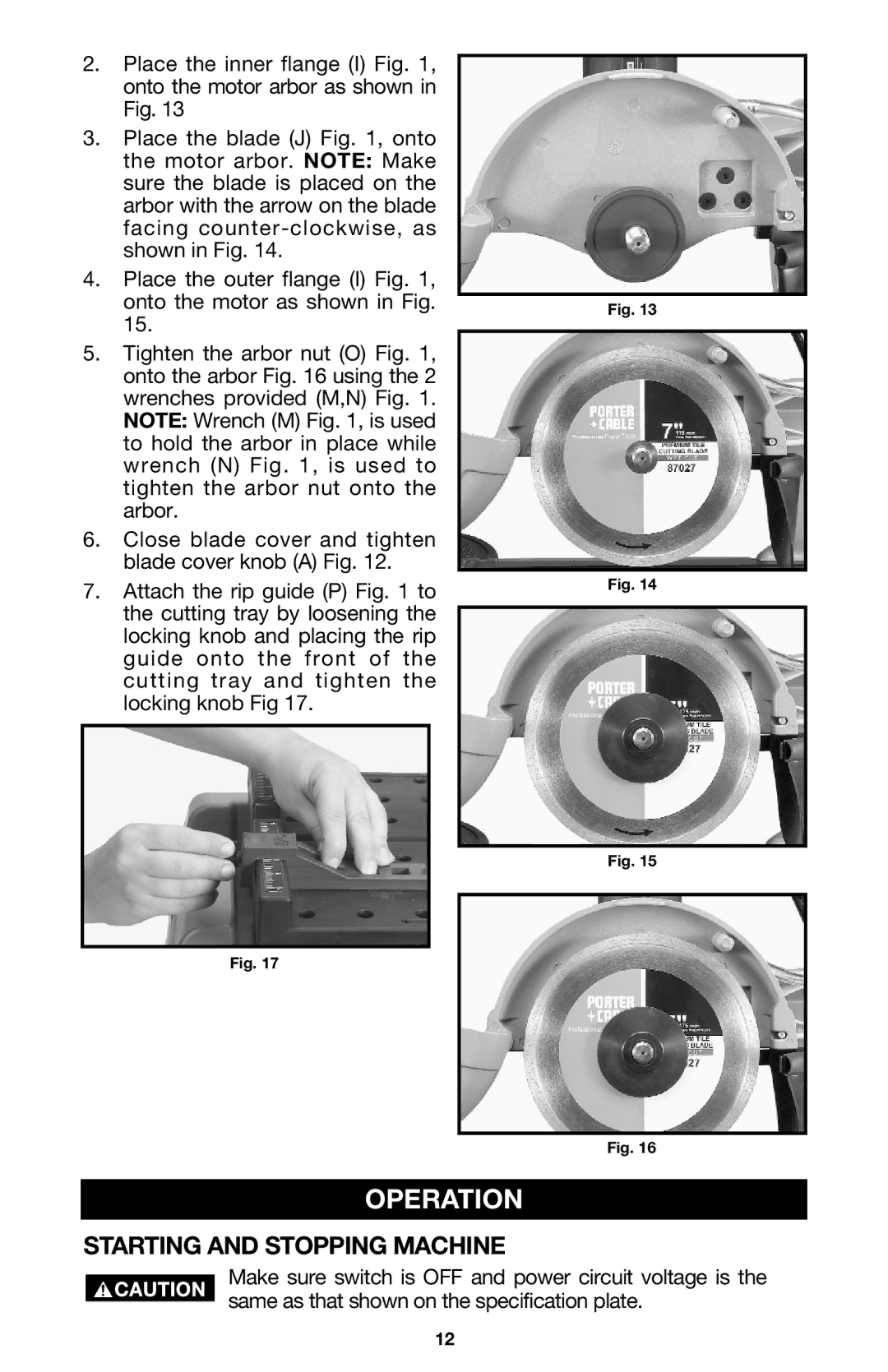 Porter-Cable 895736, 1500 instruction manual Operation, Starting and Stopping Machine 