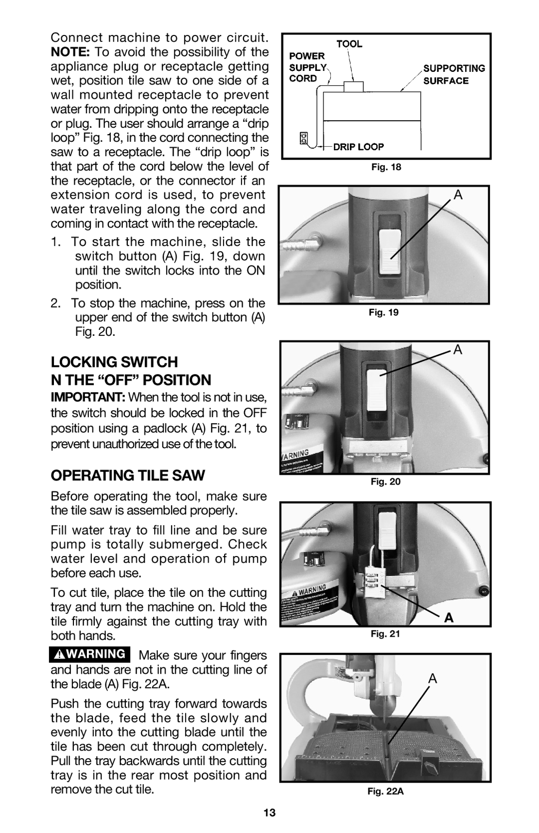 Porter-Cable 1500, 895736 instruction manual Locking Switch OFF Position, Operating Tile SAW 