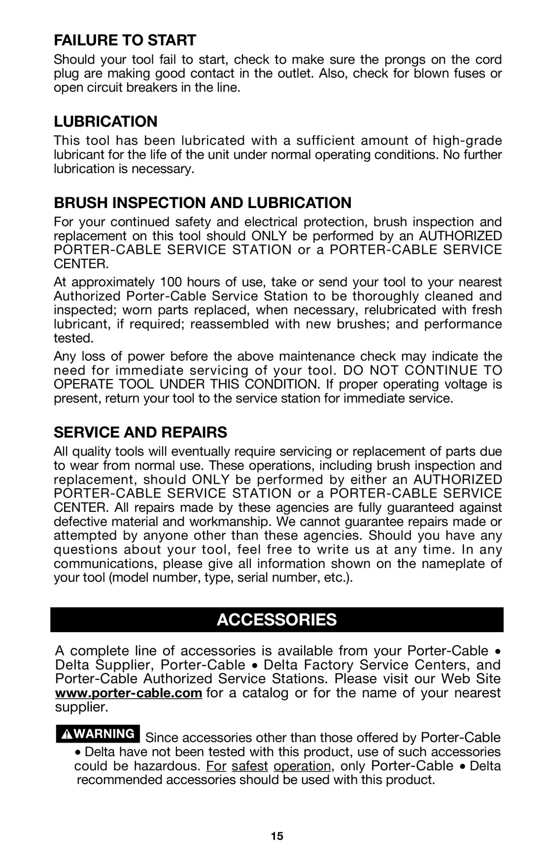 Porter-Cable 1500, 895736 instruction manual Accessories, Brush Inspection and Lubrication, Service and Repairs 