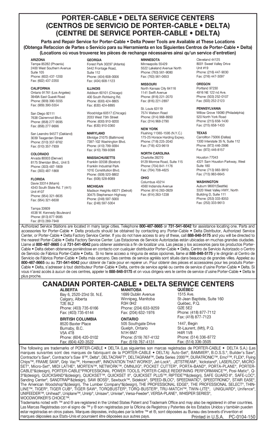 Porter-Cable 1500, 895736 instruction manual Canadian PORTER-CABLE Delta Service Centers 