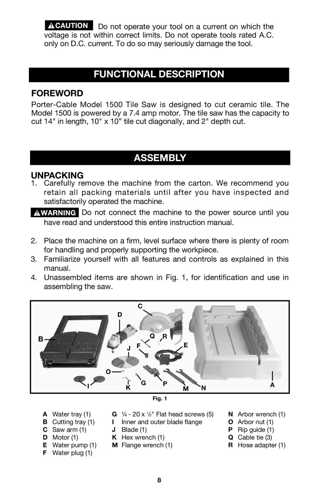 Porter-Cable 895736, 1500 instruction manual Functional Description, Assembly, Foreword, Unpacking 