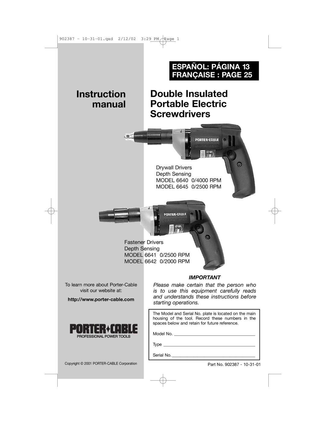 Porter-Cable 6641, 902387, 6645, 6642, 6640 instruction manual Español Página Française 