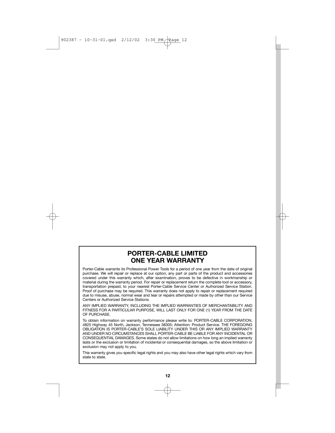 Porter-Cable 6645, 902387, 6641, 6642, 6640 instruction manual PORTER-CABLE Limited ONE Year Warranty 