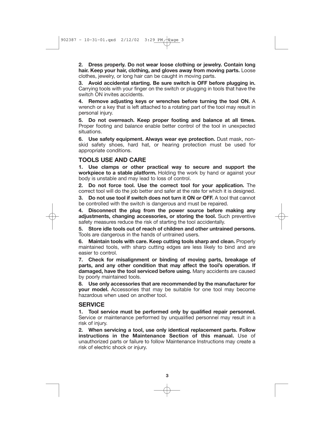 Porter-Cable 6642, 902387, 6641, 6645, 6640 instruction manual Tools USE and Care, Service 