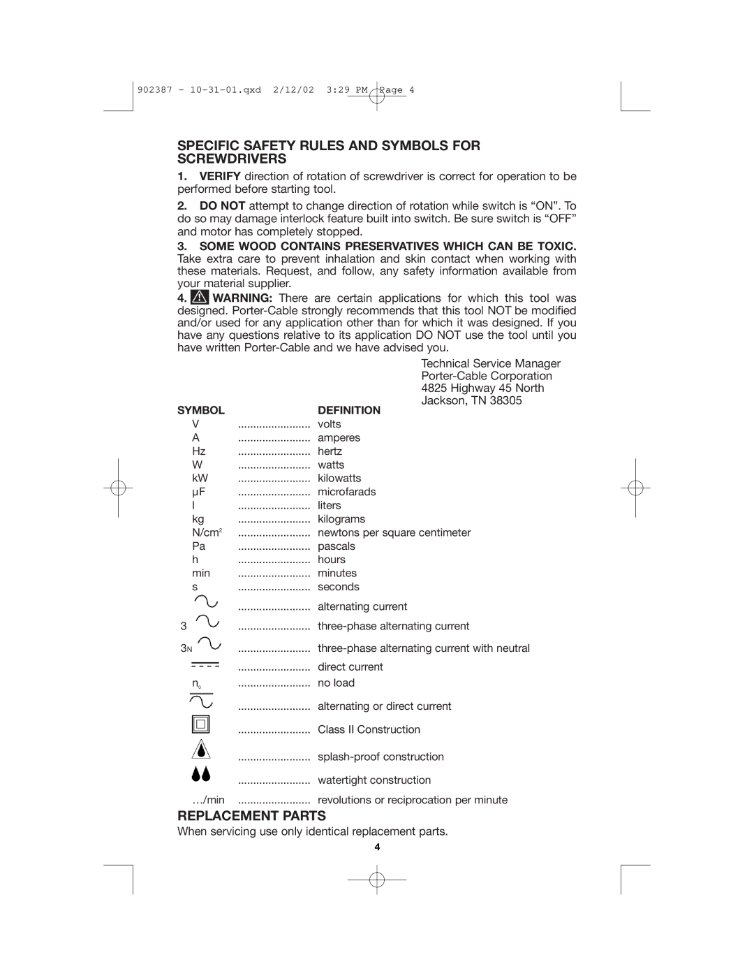 Porter-Cable 6640, 902387, 6641, 6645, 6642 Specific Safety Rules and Symbols for Screwdrivers, Replacement Parts 