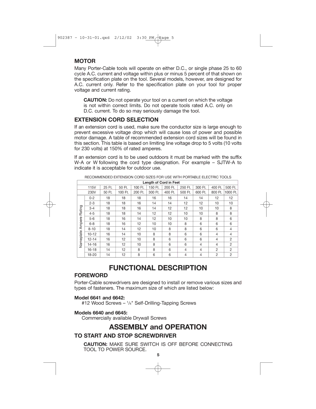 Porter-Cable 902387, 6641 Functional Description, Motor, Extension Cord Selection, Foreword, To Start and Stop Screwdriver 