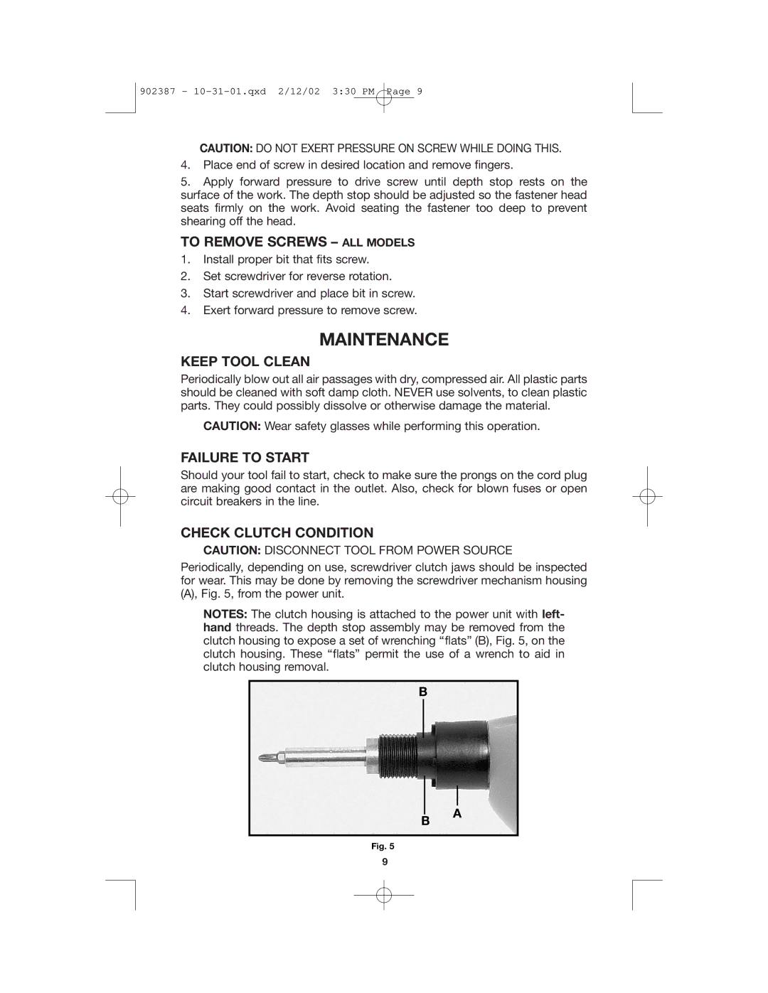 Porter-Cable 6640 Maintenance, To Remove Screws ALL Models, Keep Tool Clean, Failure to Start, Check Clutch Condition 