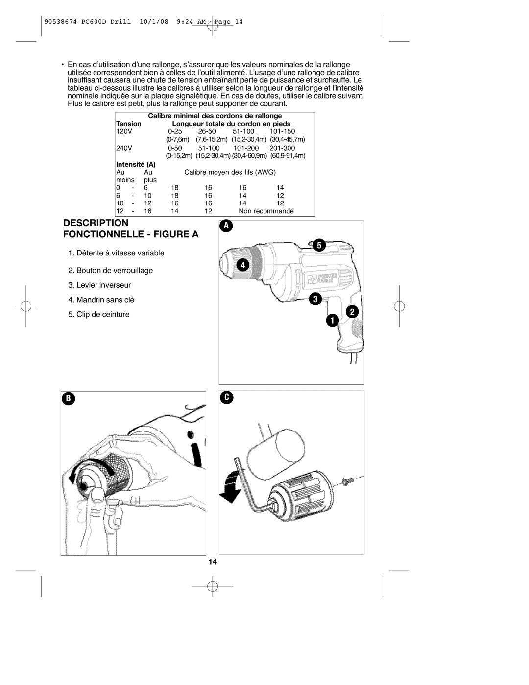 Porter-Cable 90538674, PC600D instruction manual Description Fonctionnelle Figure a, Calibre minimal des cordons de rallonge 