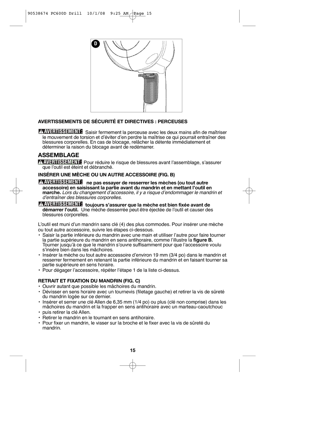 Porter-Cable PC600D Assemblage, Avertissements DE Sécurité ET Directives Perceuses, Retrait ET Fixation DU Mandrin FIG. C 