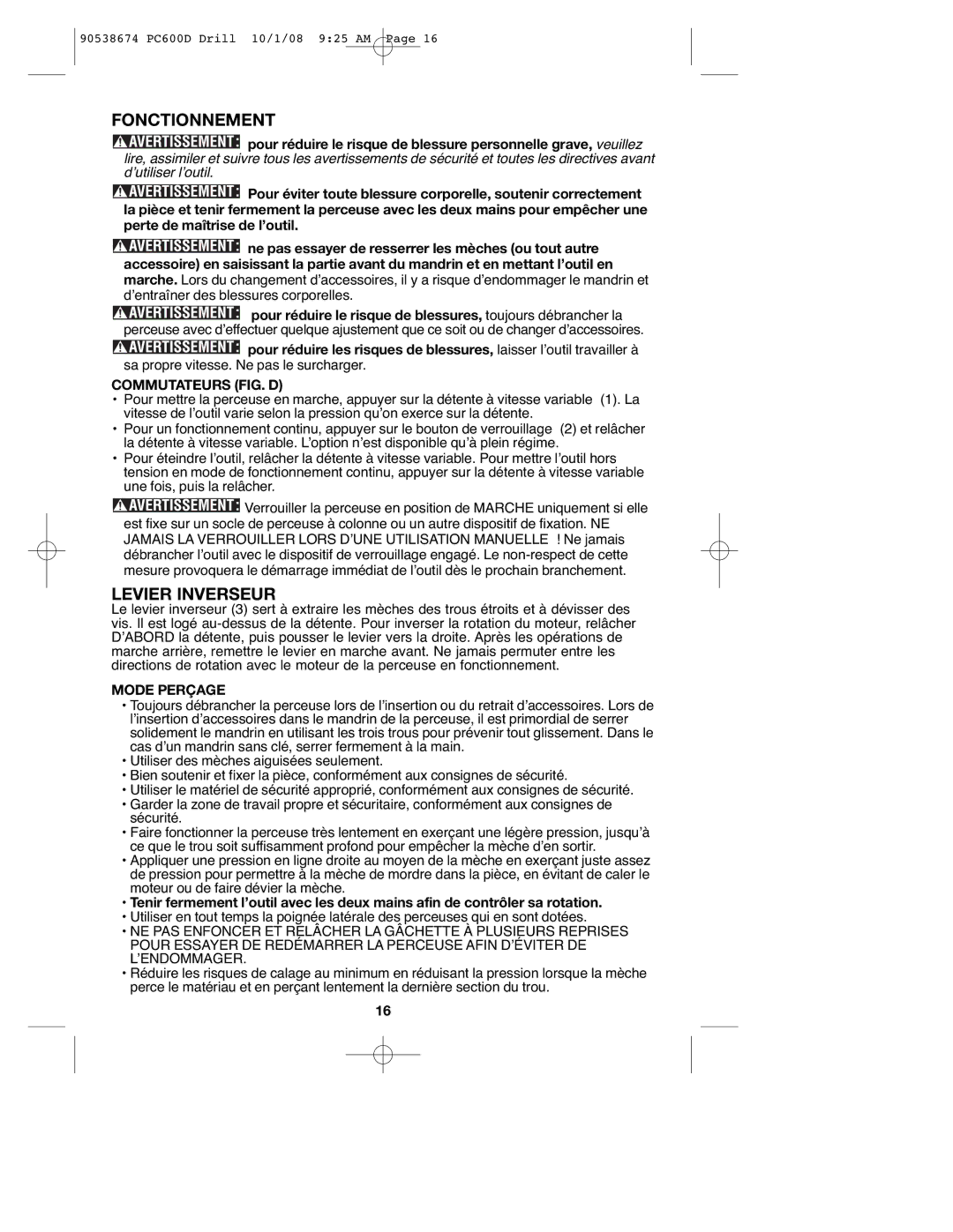 Porter-Cable 90538674, PC600D instruction manual Fonctionnement, Levier Inverseur, Commutateurs FIG. D, Mode Perçage 