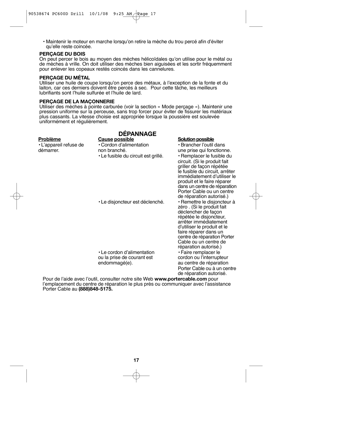 Porter-Cable PC600D, 90538674 instruction manual Dépannage, Perçage DU Bois, Perçage DU Métal, Perçage DE LA Maçonnerie 