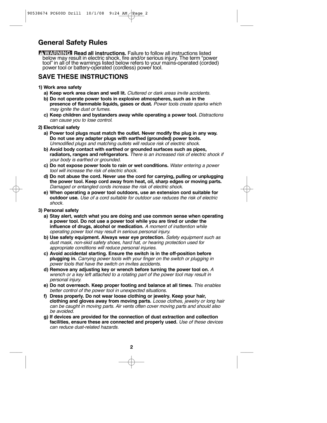 Porter-Cable 90538674, PC600D instruction manual General Safety Rules 