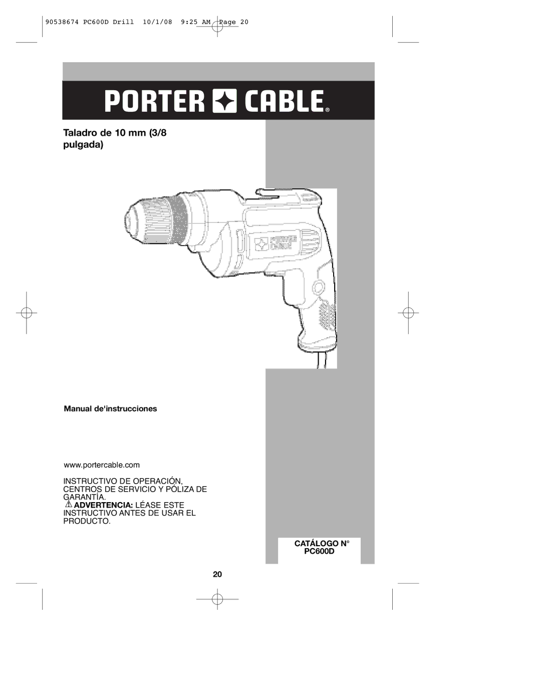 Porter-Cable 90538674, PC600D instruction manual Taladro de 10 mm 3/8 pulgada, Catálogo N 